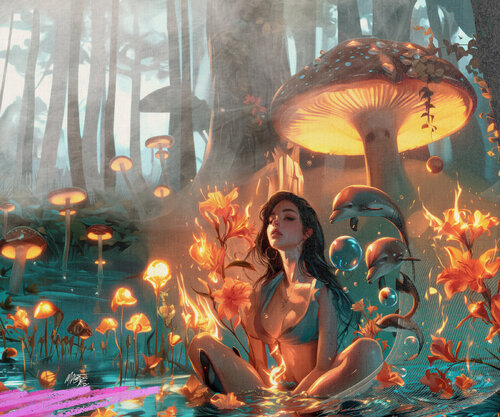 Michael Andrew Law — Beneath the Cerulean Vault and Enigmatic Nymph in the Forest of Towering Toadstools Convenes with the Dolphins of Dreams — Digital Paintings Giclée Print on Canvas
