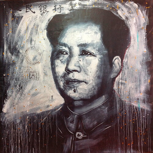 Michael Andrew Law — Evil Money (Study of a Evil Portrait on a Renminbi banknote) — Monochrome Canvas Paintings