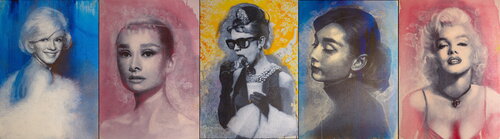 Michael Andrew Law — Five Panel Marilyn Monroe and Audrey Hepburn Pop Art Bundle — Monochrome Canvas Paintings