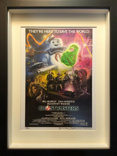Michael Andrew Law — Ghostbusters, Slimer, Stay Puft Marshmallow Man and Ecto-1 with Logo design Lithograph Number 06 — Unique Overpainted Wax-Pigment Lithographs ( Signed Art Edition )