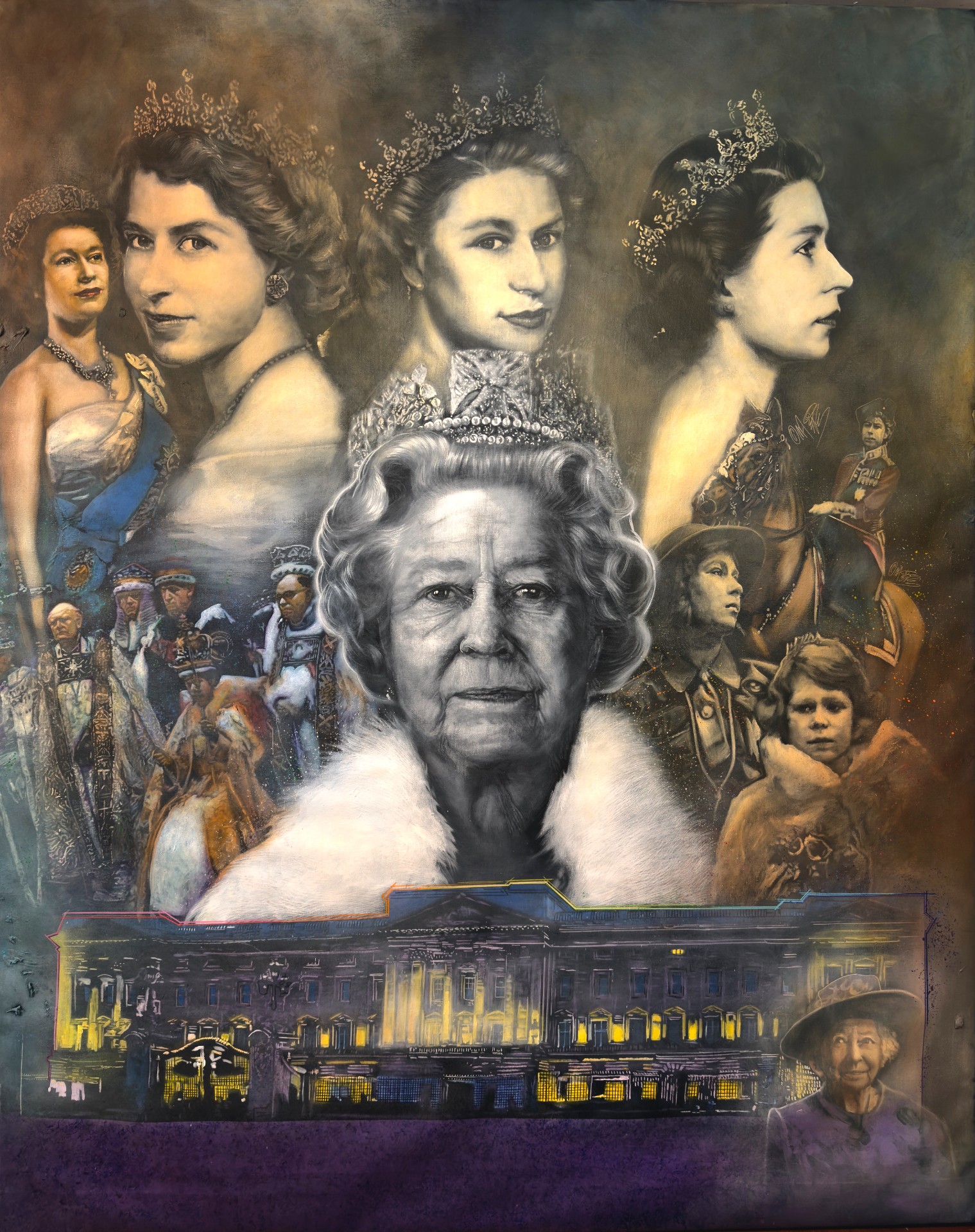 Michael Andrew Law — Queen Forever Queen (Queen Elizabeth ii portrait with buckingham palace) — Exquisite Maximalism Pop | Maximalist Pop Art