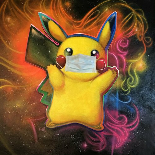 Michael Andrew Law — Meditation with Pikachu of Pokémon during covid-19 Quarantine (SPECIAL INSTALLATION with a Taiwan made surgical mask) — Colorful Canvas Paintings
