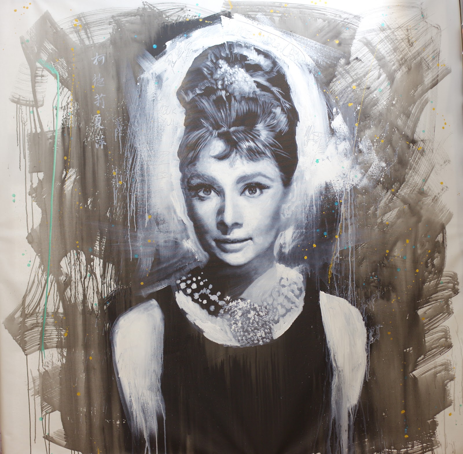 Michael Andrew Law — Untitled (Audrey Hepburn Breakfast at tiffany painting,Referencing Bud Fraker) — Monochrome Canvas Paintings