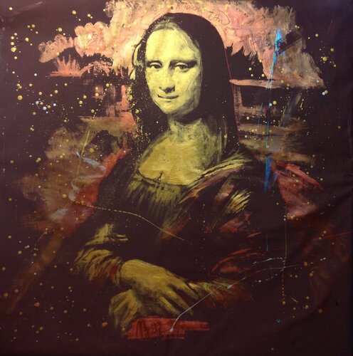 Michael Andrew Law — Mona Lisa A pastiche 2 in Gold, Copper, Red, Turquoise and Silver Mixed Media — Monochrome Canvas Paintings