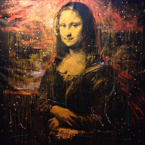 Michael Andrew Law — Mona Lisa A pastiche 3 in Gold, Copper, Red, Purple, Two type of Turquoise and Silver — Monochrome Canvas Paintings