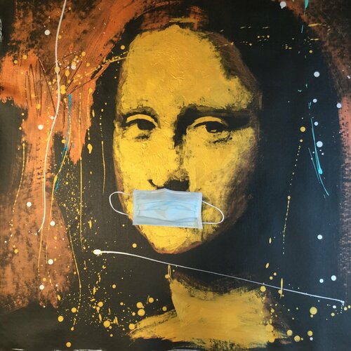 Michael Andrew Law — Mona Lisa Portrait Study in Gold, Copper, Turquoise and Silver (SPECIAL INSTALLATION with a mask) — Monochrome Canvas Paintings