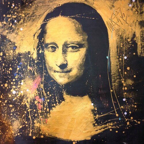 Michael Andrew Law — Mona Lisa Portrait Study in Gold, Copper, Turquoise and Silver — Monochrome Canvas Paintings