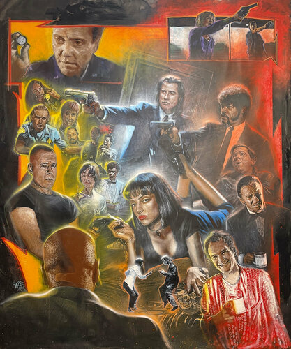 Michael Andrew Law — Pulp Fiction - Quentin Tarantino, John Travolta, Samuel L. Jackson, Bruce Willis, Christopher Walken, Harvey Keitel, Uma Thurman. — Exquisite Maximalism Pop | Maximalist Pop Art