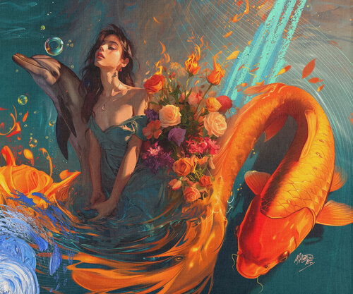 Michael Andrew Law — Serenity in Aquatica with Koi and Dolphin — Digital Paintings Giclée Print on Canvas