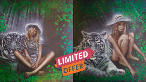 Michael Andrew Law — TWO PANELS A Girl with Tiger fur with a white Tiger BUNDLE — The Eye of The Tiger