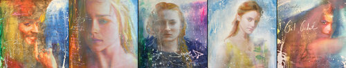 Michael Andrew Law — The Millennial's Pop Icons Pentaptych (Wonder Woman, Khaleesi Daenerys Targaryen, Sansa Stark, Jack Sparrow, Belle) — Colorful Canvas Paintings