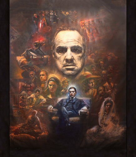 Michael Andrew Law — The offer you can't refuse : The Godfather - Marlon Brando, Al Pacino Original Art Three Panels Painting — Exquisite Maximalism Pop | Maximalist Pop Art