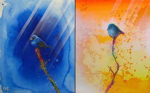 Michael Andrew Law — Two Panel Birds ( Blue Bird in Blue and Blue Bird in Orange ) — Colorful Canvas Paintings