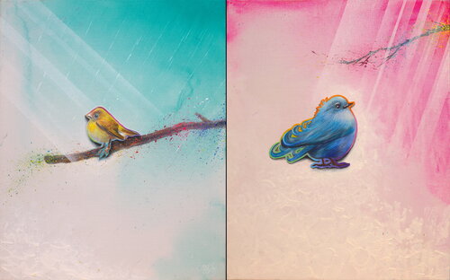 Michael Andrew Law — Two Panel Birds ( Blue Bird in pink and Yellow Bird in Turquoise ) — Colorful Canvas Paintings
