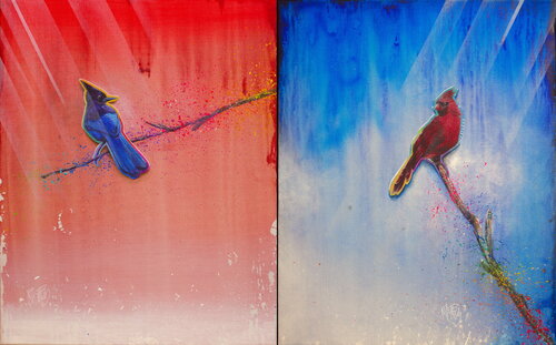 Michael Andrew Law — Two Panel Birds ( Red Bird in Blue and Blue Bird in Red ) — Colorful Canvas Paintings