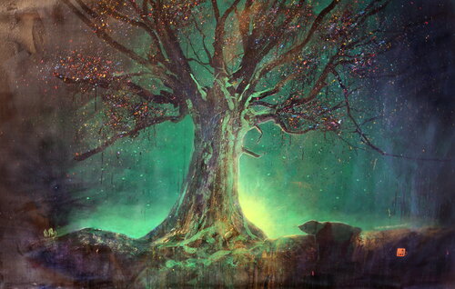 Michael Andrew Law — UNMOUNTED Untitled ( Emerald Evening with a Panda ) — Landscape Paintings