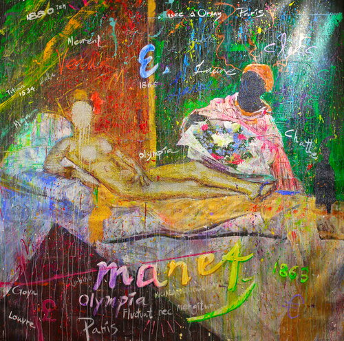 Michael Andrew Law — Unmounted Art History Painting ( Édouard Manet's Olympia ) — Unmounted Canvas Art : What If Julian Schnabel goes Pop
