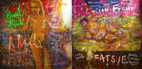 Michael Andrew Law — Unmounted Exquisite Famous Nudes Diptych Bundle — Unmounted Canvas Art : What If Julian Schnabel goes Pop