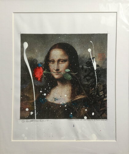 Michael Andrew Law — Untited ( Da Vinci Mona Lisa with red rose ) Over-Painted Xerox — Unique Overpainted Wax-Pigment Lithographs ( Signed Art Edition )