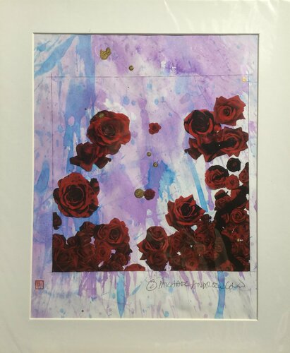 Michael Andrew Law — Untited ( Flower collage with watercolorr ) Over-Painted Xerox — Unique Overpainted Wax-Pigment Lithographs ( Signed Art Edition )