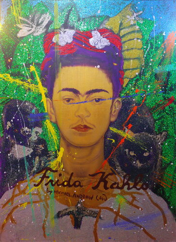 Michael Andrew Law — Untited Art History Glitter Painting (Frida Kahlo Self-Portrait with Thorn Necklace and Hummingbird) — Sparkling Expressive : What If Julian Schnabel goes Pop with Old Masters Art