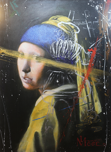 Michael Andrew Law — Untited Art History Glitter Painting (Girl with a Pearl Earring/ Meisje met de parel) — Sparkling Expressive : What If Julian Schnabel goes Pop with Old Masters Art