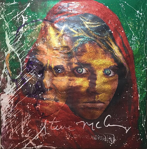 Michael Andrew Law — Untited Art History Glitter Painting (I Love Afghan Girl by Steve McCurry) — Sparkling Expressive : What If Julian Schnabel goes Pop with Old Masters Art