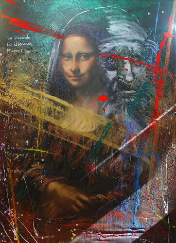 Michael Andrew Law — Untited Art History Glitter Painting (La Joconde The Mona Lisa & L'Autoportrait de Léonard de Vinci) — Sparkling Expressive : What If Julian Schnabel goes Pop with Old Masters Art
