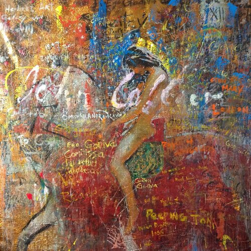 Michael Andrew Law — Untited Art History Glitter Painting (Lady Godiva by John Collier) — Sparkling Expressive : What If Julian Schnabel goes Pop with Old Masters Art