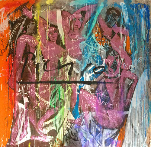 Michael Andrew Law — Untited Art History Glitter Painting (Les Demoiselles d'Avignon by Picasso) — Sparkling Expressive : What If Julian Schnabel goes Pop with Old Masters Art