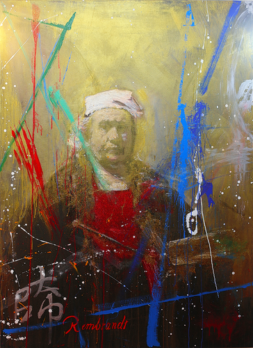 Michael Andrew Law — Untited Art History Glitter Painting (Rembrandt Self-Portrait with Two Circles) — Sparkling Expressive : What If Julian Schnabel goes Pop with Old Masters Art