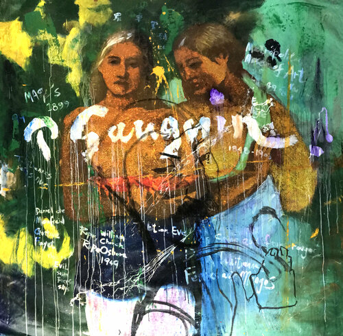Michael Andrew Law — Untited Art History Glitter Painting (Two Tahitian Women by Paul Gauguin) — Sparkling Expressive : What If Julian Schnabel goes Pop with Old Masters Art