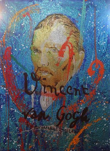 Michael Andrew Law — Untited Art History Glitter Painting (Vincent van Gogh self-portrait) — Sparkling Expressive : What If Julian Schnabel goes Pop with Old Masters Art