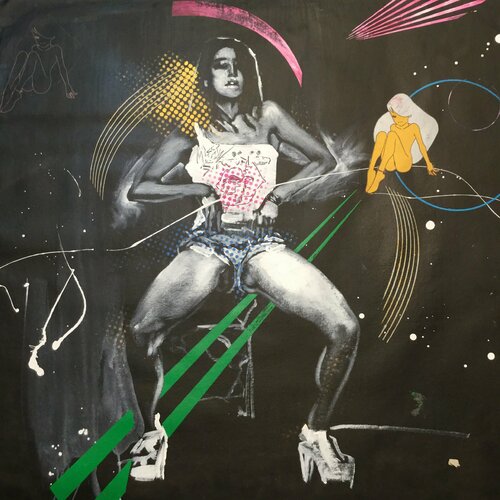 Michael Andrew Law — Untitled ( A Dancer in Denim Blue Jeans with Modern Day Lichtenstein Ben Day Dots ) — Monochrome Canvas Paintings