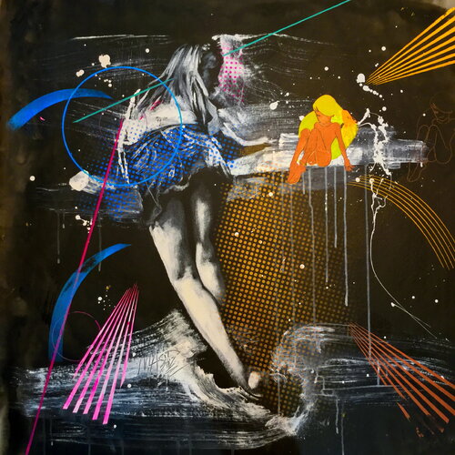 Michael Andrew Law — Untitled ( A Girl in Denim Blue Skirts with Modern Day Lichtenstein Ben Day Dots ) — Monochrome Canvas Paintings