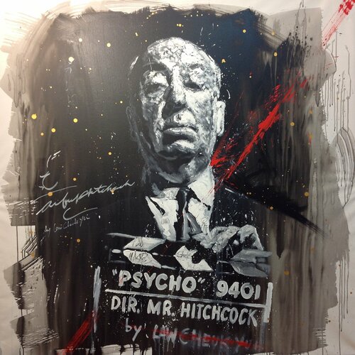 Michael Andrew Law — Untitled ( Alfred Hitchcock with his Psycho clapboard ) — Monochrome Canvas Paintings