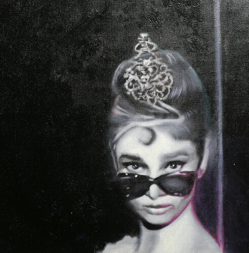 Michael Andrew Law — Untitled ( Audrey Hepburn Breakfast At Tiffany with sunglasses ) — Monochrome Canvas Paintings