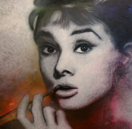 Michael Andrew Law — Untitled ( Audrey Hepburn as Holly Golightly in Breakfast at Tiffany's ) — Monochrome Canvas Paintings