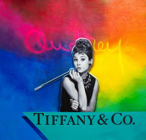 Michael Andrew Law — Untitled ( Audrey Hepburn as Holly Golightly in Breakfast at Tiffany's ) — Colorful Canvas Paintings