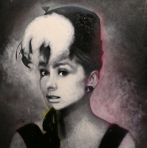 Michael Andrew Law — Untitled ( Audrey Hepburn with hat Vogue style ) — Monochrome Canvas Paintings