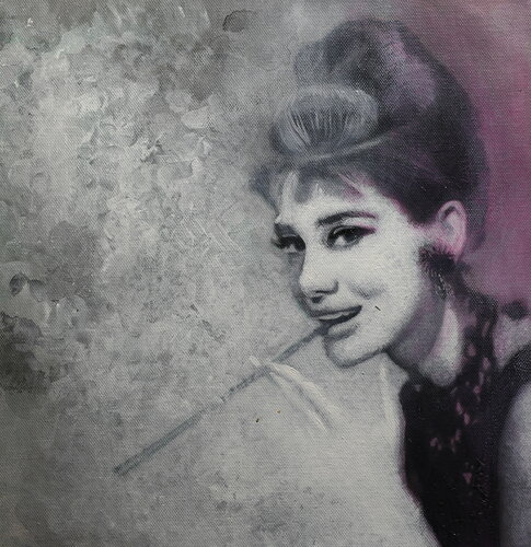 Michael Andrew Law — Untitled ( Audrey Hepburn with hat Vogue style ) — Monochrome Canvas Paintings