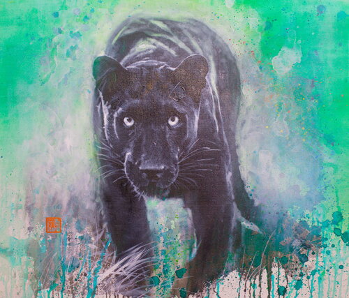 Michael Andrew Law — Untitled ( BLACK PANTHER of South Africa by David Yarrow ) — Monochrome Canvas Paintings