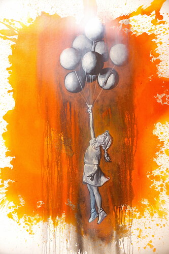 Michael Andrew Law — Untitled ( Banksy's balloon Girl in Orange Red ) — Monochrome Canvas Paintings