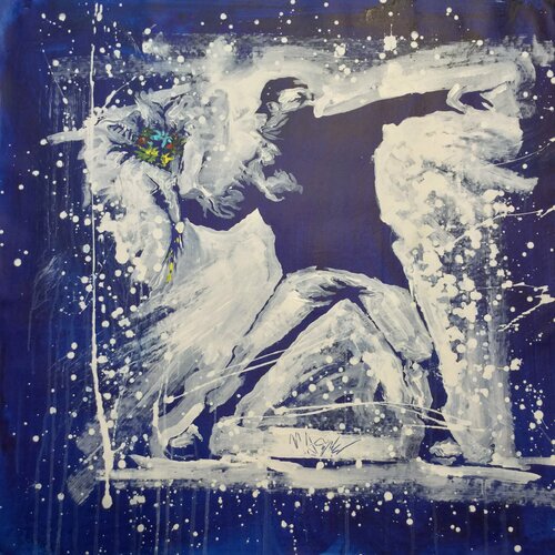 Michael Andrew Law — Untitled ( Banksy Love is in the Air Flower Thrower ) — Monochrome Canvas Paintings