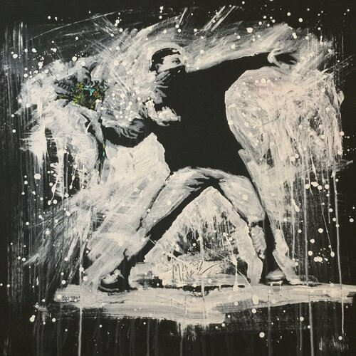 Michael Andrew Law — Untitled ( Banksy Love is in the Air Flower Thrower in Black and White ) — Monochrome Canvas Paintings