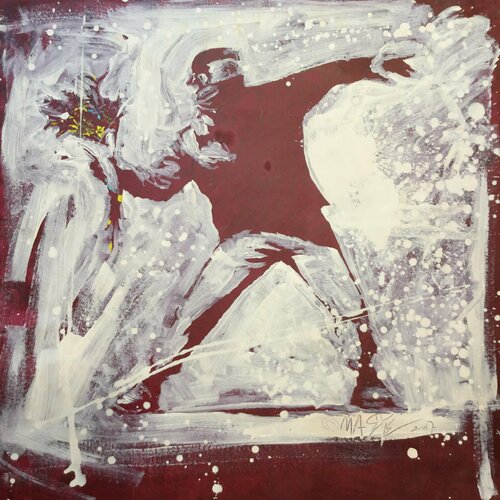 Michael Andrew Law — Untitled ( Banksy Love is in the Air Flower Thrower in Red ) — Monochrome Canvas Paintings