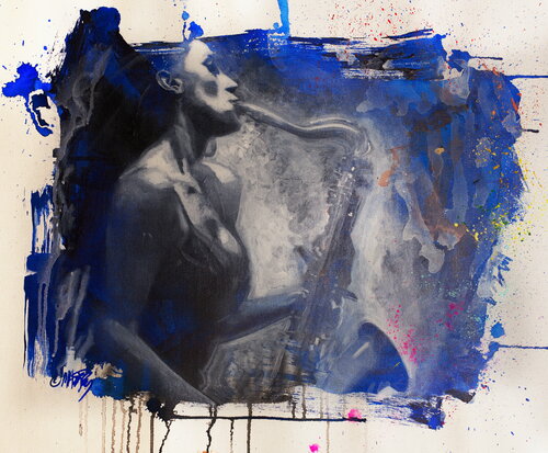 Michael Andrew Law — Untitled ( Blue Jazz & Saxophone ) Unmounted — Monochrome Canvas Paintings