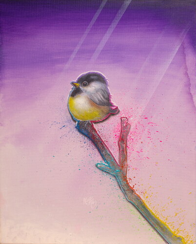 Michael Andrew Law — Untitled ( Cute Baby Bird Silver Lining in Purple Forest ) — Colorful Canvas Paintings