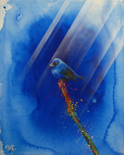 Michael Andrew Law — Untitled ( Cute Blue Bird Silver Lining ) — Colorful Canvas Paintings