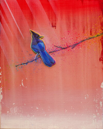 Michael Andrew Law — Untitled ( Cute Blue Bird Silver Lining and Red Waterfalls ) — Colorful Canvas Paintings